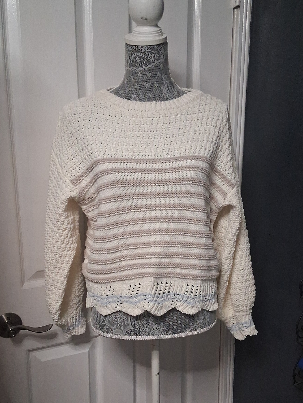 Cream Textured Crewneck Sweater with Scalloped Hem